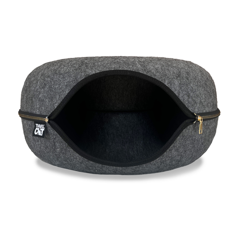 Travel Cat Donut Cat Hideaway in gray felt showing dual functionality as both cave and open bed