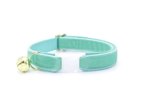 Made By Cleo Velvet Mint robin's egg blue cat collar showing detailed texture and craftsmanship close-up view.