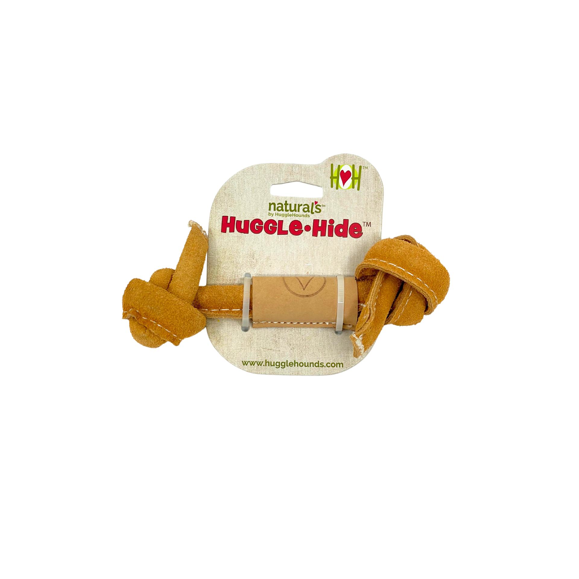 HuggleGroup Huggle-Hide Natural Leather Knotted Bone dog toy showing detailed texture and construction quality.