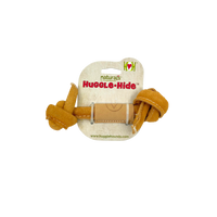 HuggleGroup Huggle-Hide Natural Leather Knotted Bone dog toy showing detailed texture and construction quality.