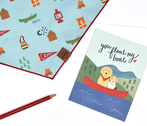 Summer Camp Pet Bandana by The Cheery Pet worn by dog outdoors showing vintage-inspired camp design details.
