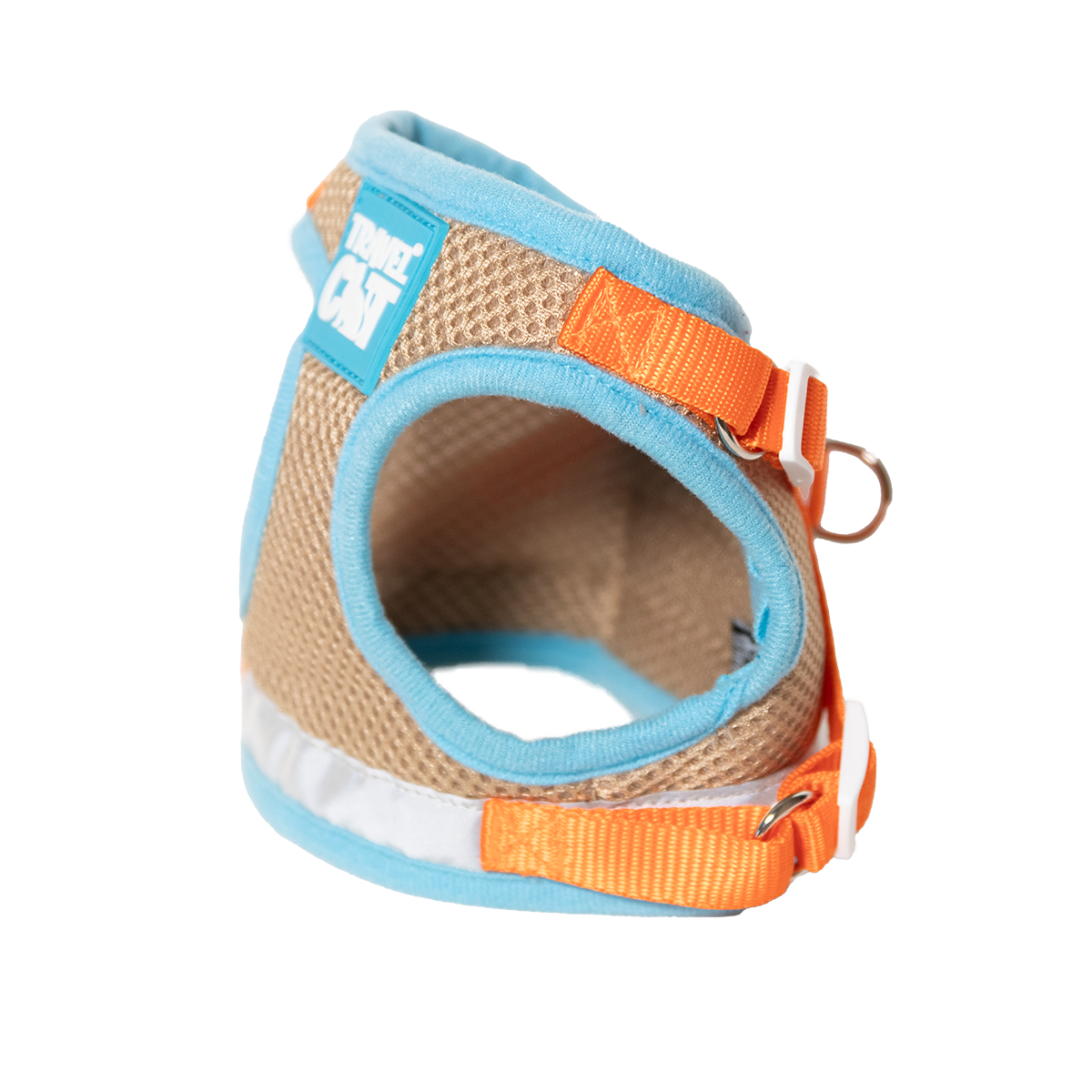 Travel Cat Oasis cat harness showing detailed view of Velcro fasteners and multiple adjustment points for secure fitting.
