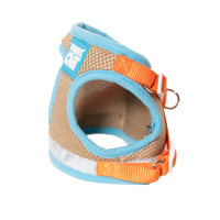 Travel Cat Oasis cat harness showing detailed view of Velcro fasteners and multiple adjustment points for secure fitting.