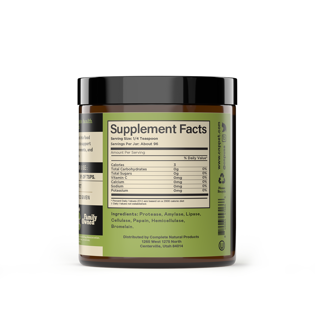Complete Natural Products Digestive Enzymes powder container showing ingredient list and feeding instructions on label