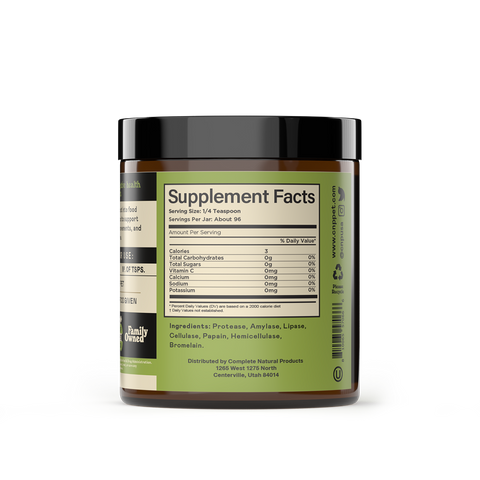Complete Natural Products Digestive Enzymes powder container showing ingredient list and feeding instructions on label