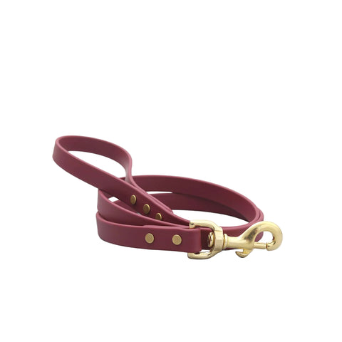 Mimi Green Wine collar and leash set showing detailed view of waterproof BioThane material and hardware construction.
