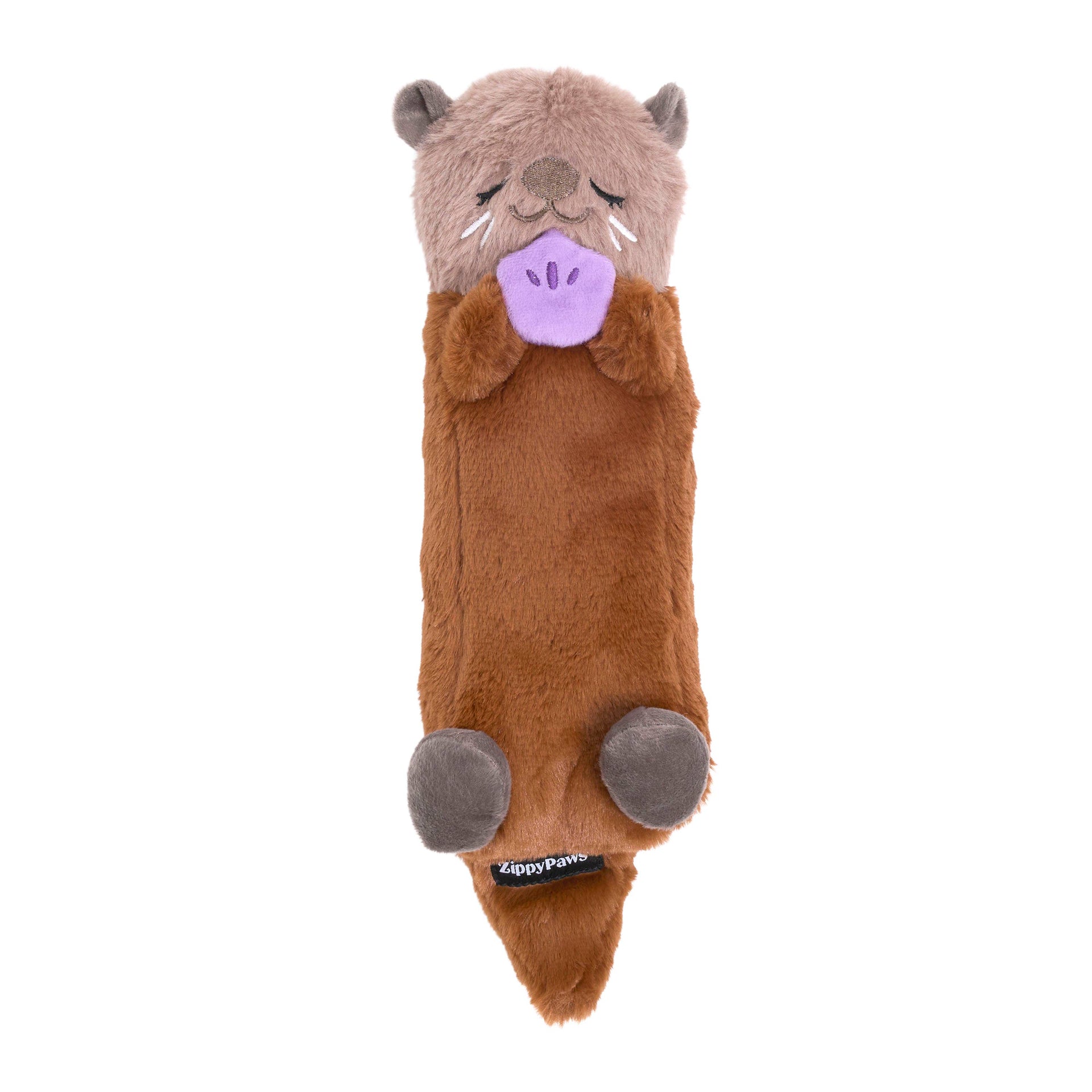 ZippyPaws Silent Squeak Otter plush dog toy shown from side angle displaying brown and cream coloring.