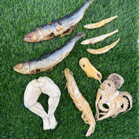 Golden Nibbles Neptune's Nibbles seafood treats scattered on rustic wooden surface showing individual freeze-dried pieces