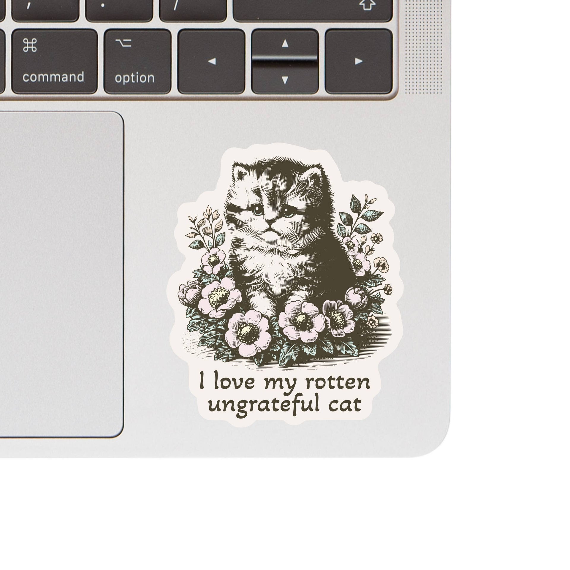 Juju and Moxie Rotten Cat vinyl sticker showing detailed view of humorous feline-themed design and text.