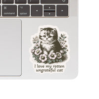 Juju and Moxie Rotten Cat vinyl sticker showing detailed view of humorous feline-themed design and text.