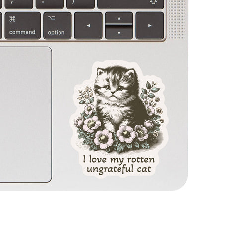 Juju and Moxie Rotten Cat vinyl sticker showing detailed view of humorous feline-themed design and text.