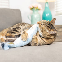 Huxley & Kent Sardine Kicker Cat Toy showing detailed view of silver fish-shaped plush with realistic scales and fins.