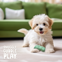 SnugArooz Pea Podz green interactive dog toy showing multiple angles and size comparison details.