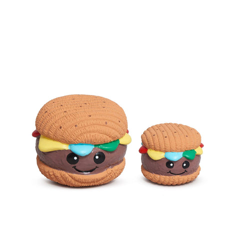 HuggleGroup Ruff-Tex Big Buns hamburger ball dog toy with realistic bun and patty design on white background.