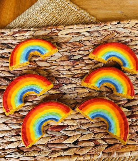 A colorful 3-inch square rainbow-iced dog cookie from Woof n' Wag Snack Shack with vibrant striped decorations.