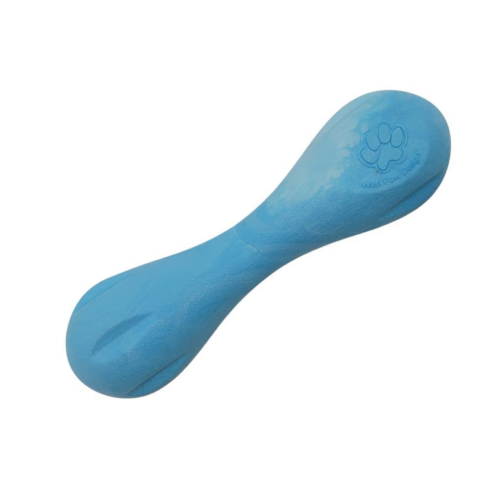 West Paw Puppy Hurley dog toy shown in turquoise blue highlighting its curved bone-like shape and textured surface.