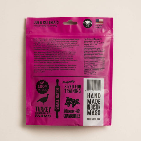 Polkadog Wonder Nuggets Turkey & Cranberry training treats package showing ingredient details and product information.