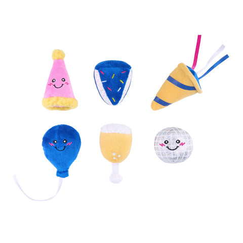 ZippyPaws Birthday Party 6-Pack plush dog toys arranged together showing colorful party-themed designs and details.