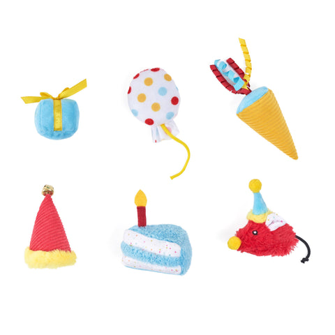 ZippyPaws Birthday Party 6-Pack cat toys arranged showing colorful plush cake, candles, and party-themed designs.