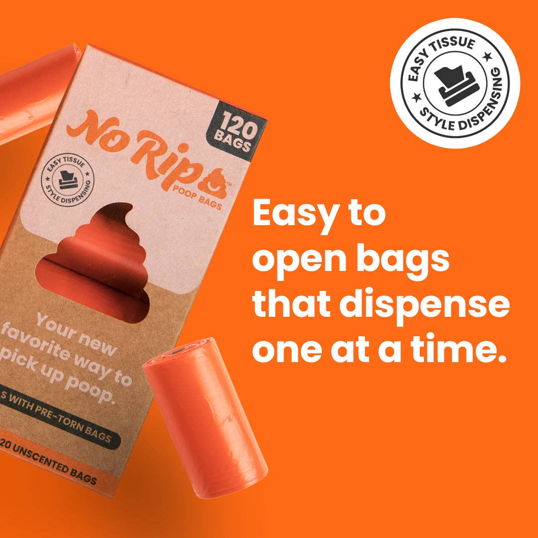 No Rip Poop Bags being used during a dog walk, showing the convenient pre-torn design in action.