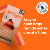 No Rip Poop Bags being used during a dog walk, showing the convenient pre-torn design in action.