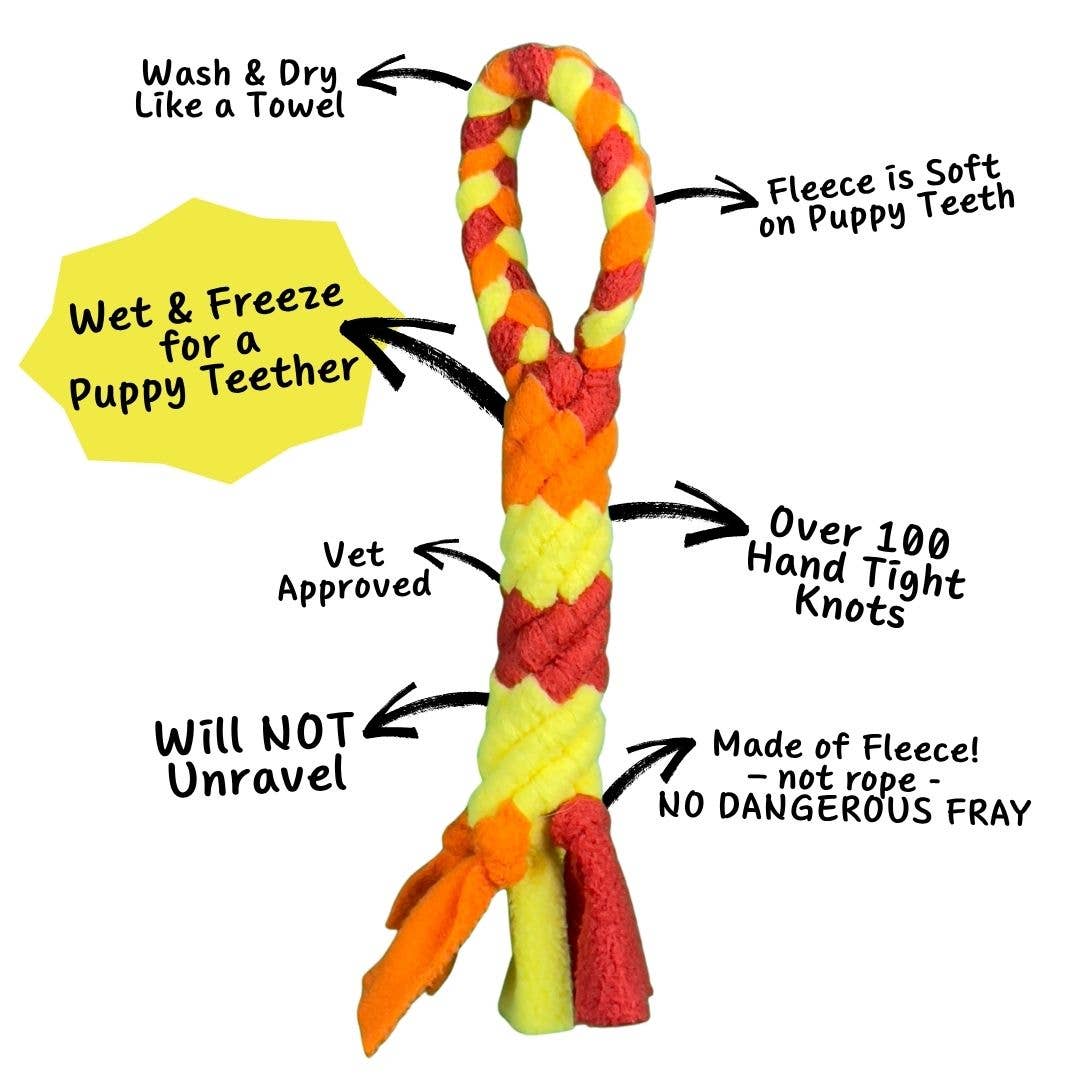 Close-up view of Chelsy's Toys fleece tug toy showing the textured rope weave and durable construction details.
