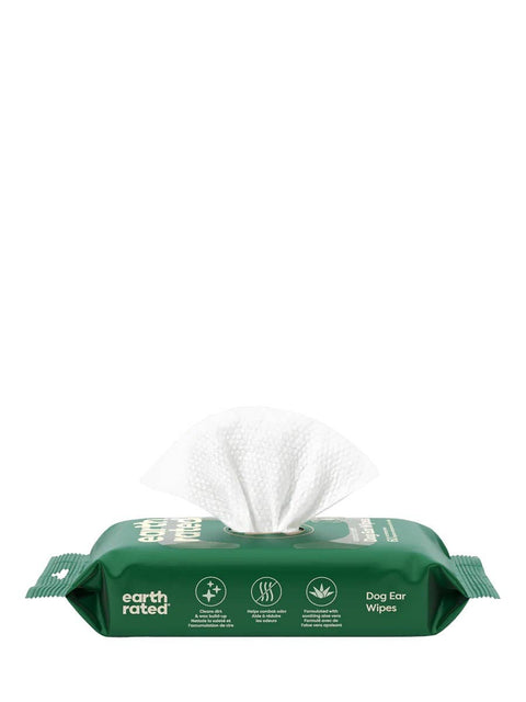 Earth Rated Dog Ear Wipes package showing detailed product information and usage instructions on back label.