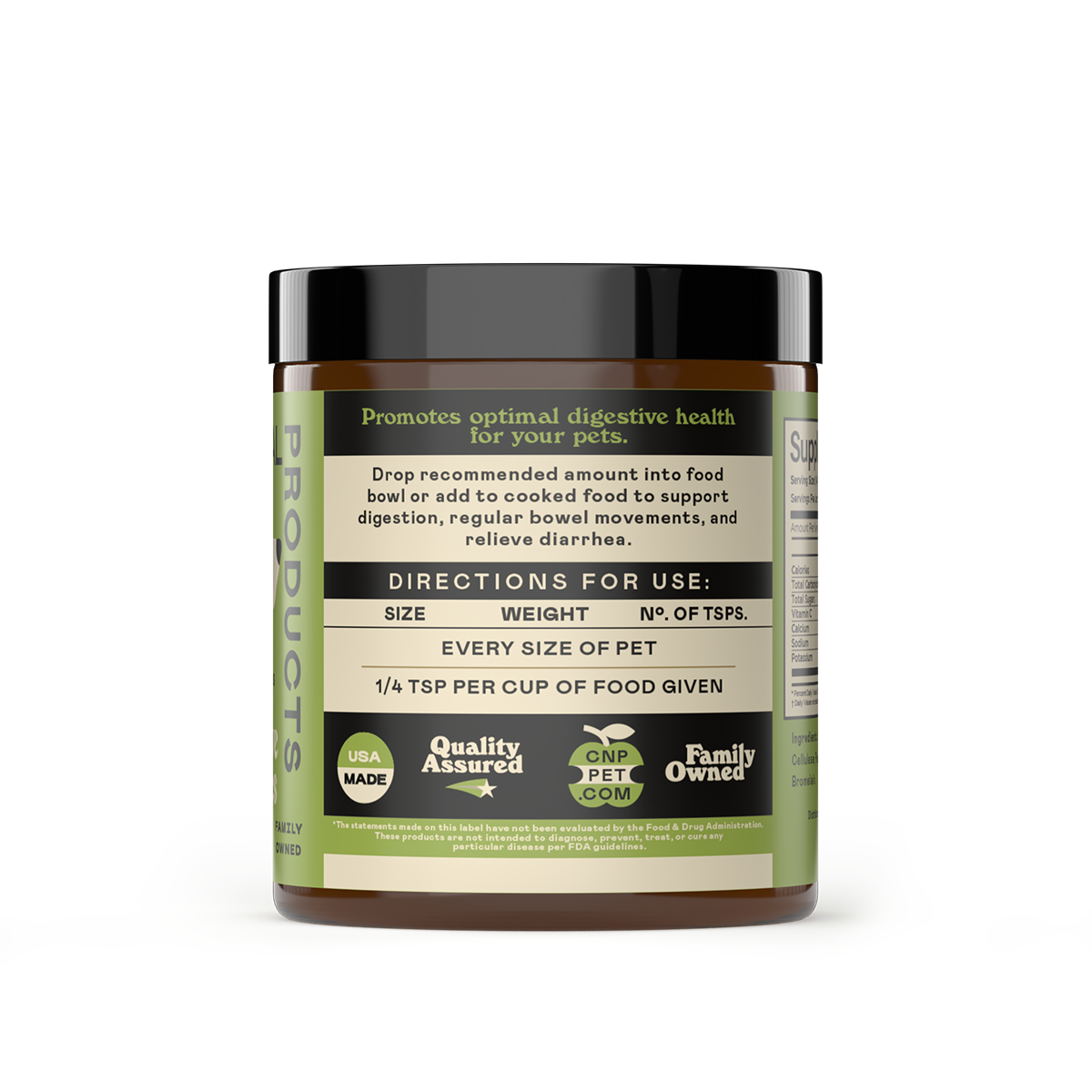 Complete Natural Products Digestive Enzymes powder being mixed into a pet's food bowl for feeding