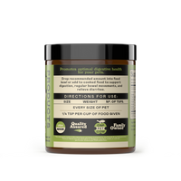 Complete Natural Products Digestive Enzymes powder being mixed into a pet's food bowl for feeding