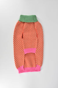 A dog wearing the Finnegan's Standard Goods Gingersnap Checker Sweater shown from a side angle outdoors.