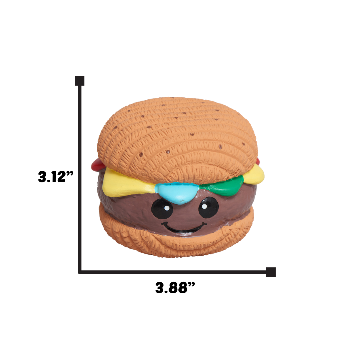 HuggleGroup Ruff-Tex Big Buns hamburger ball dog toy showing detailed construction and latex material texture.