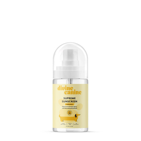 Divine Canine Supreme Sunscreen bottle with mineral-based UV protection formula for dogs against white background.
