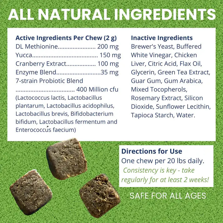 Under the Weather Nice Grass Soft Chew supplement container showing ingredient list and nutritional information panel.