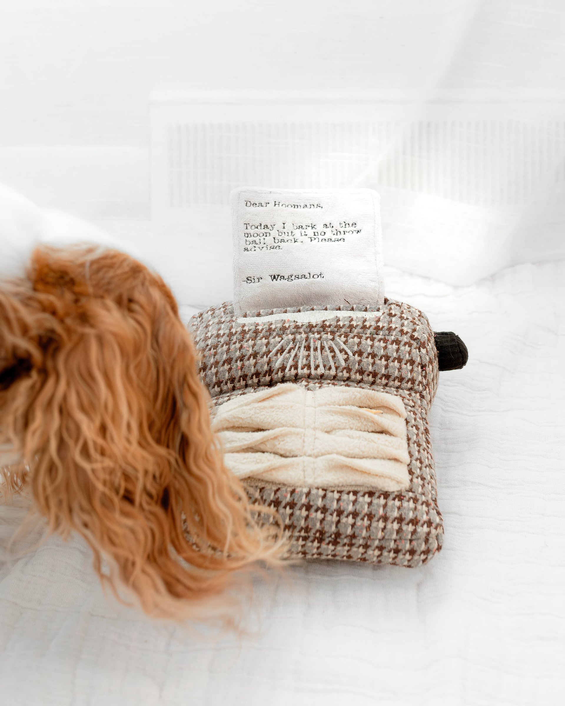 Lambwolf Collective Typewriter enrichment toy showing detailed fabric textures and interactive snuffle elements for dogs.