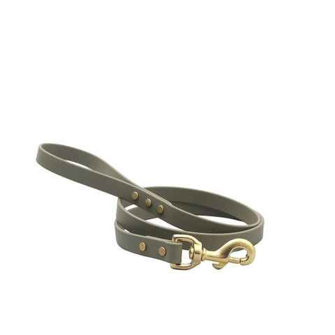 Mimi Green olive green dog collar and leash set showing detailed hardware and waterproof construction quality.