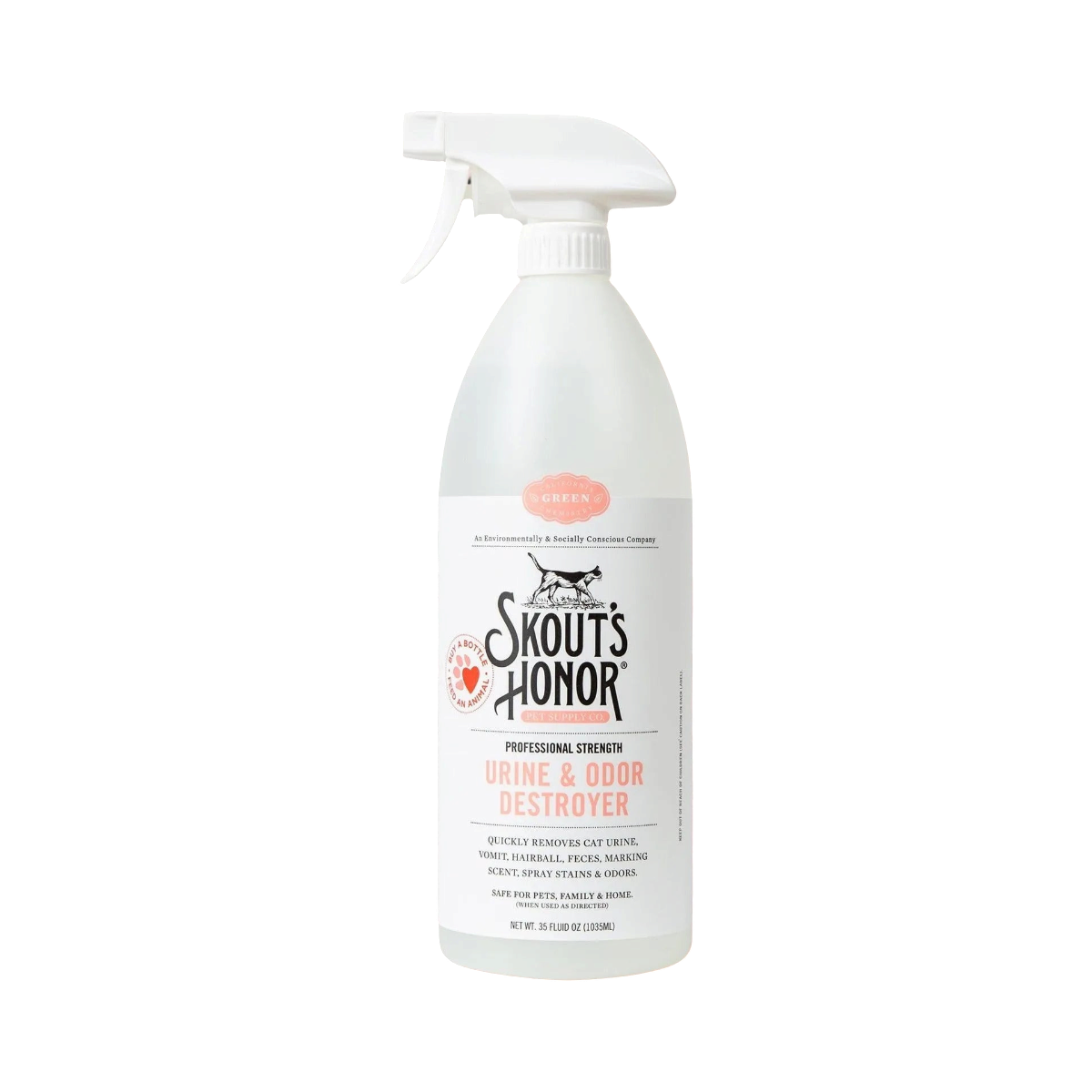 Skout's Honor Cat Urine & Odor Destroyer spray bottle with blue and white labeling against clean background