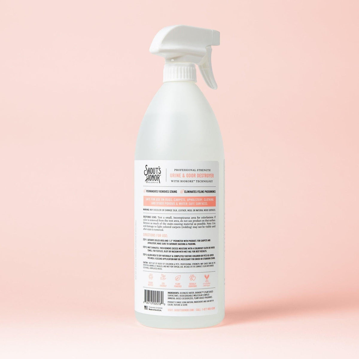 Skout's Honor Cat Urine & Odor Destroyer bottle showing detailed product label and usage instructions.