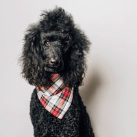 The Worthy Dog Stewart Tartan Bandana showing detailed view of classic red and green plaid pattern.