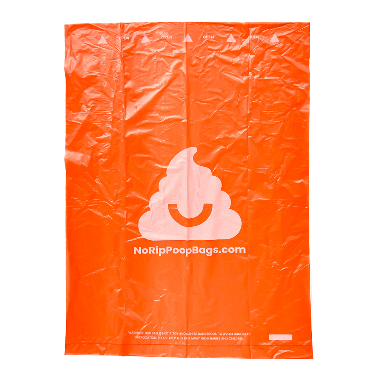 No Rip Poop Bags brand logo and product packaging details showing leak-proof construction features