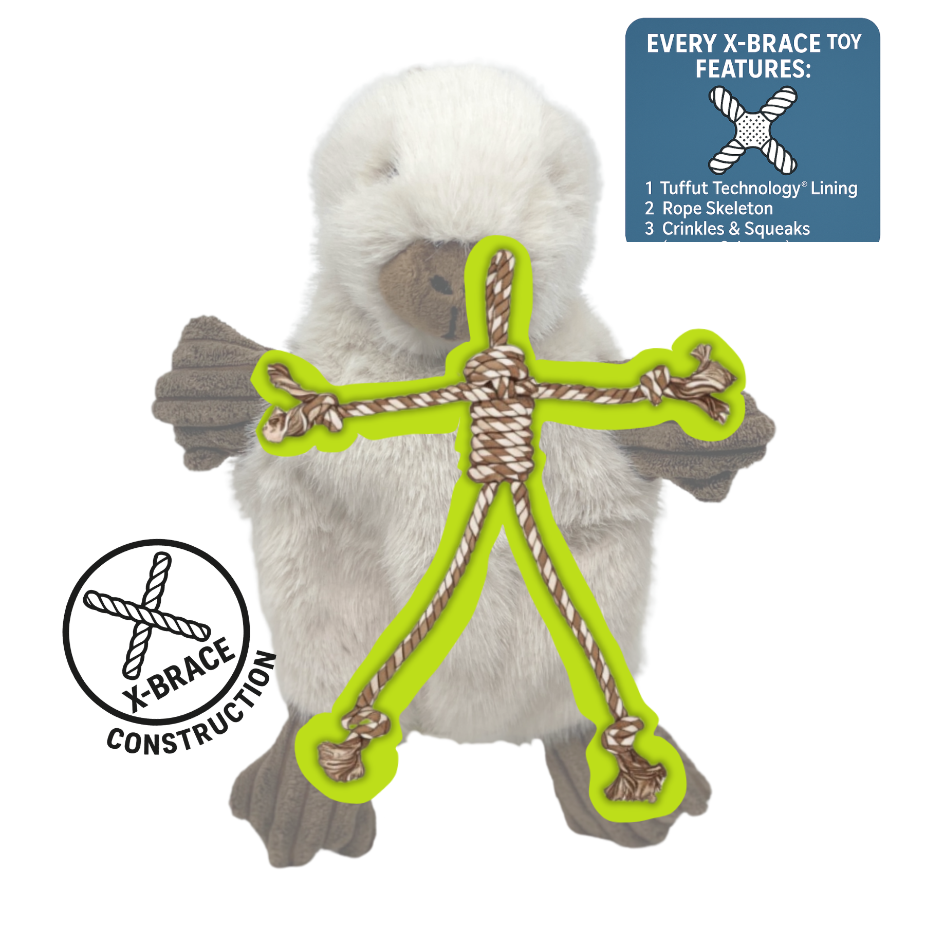 X-Brace Clover Capybara dog toy shown from side angle displaying detailed stitching and plush texture.