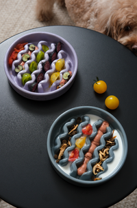 PEHOM Macaroni Slow Feeder bowl shown in use with a dog eating from it.
