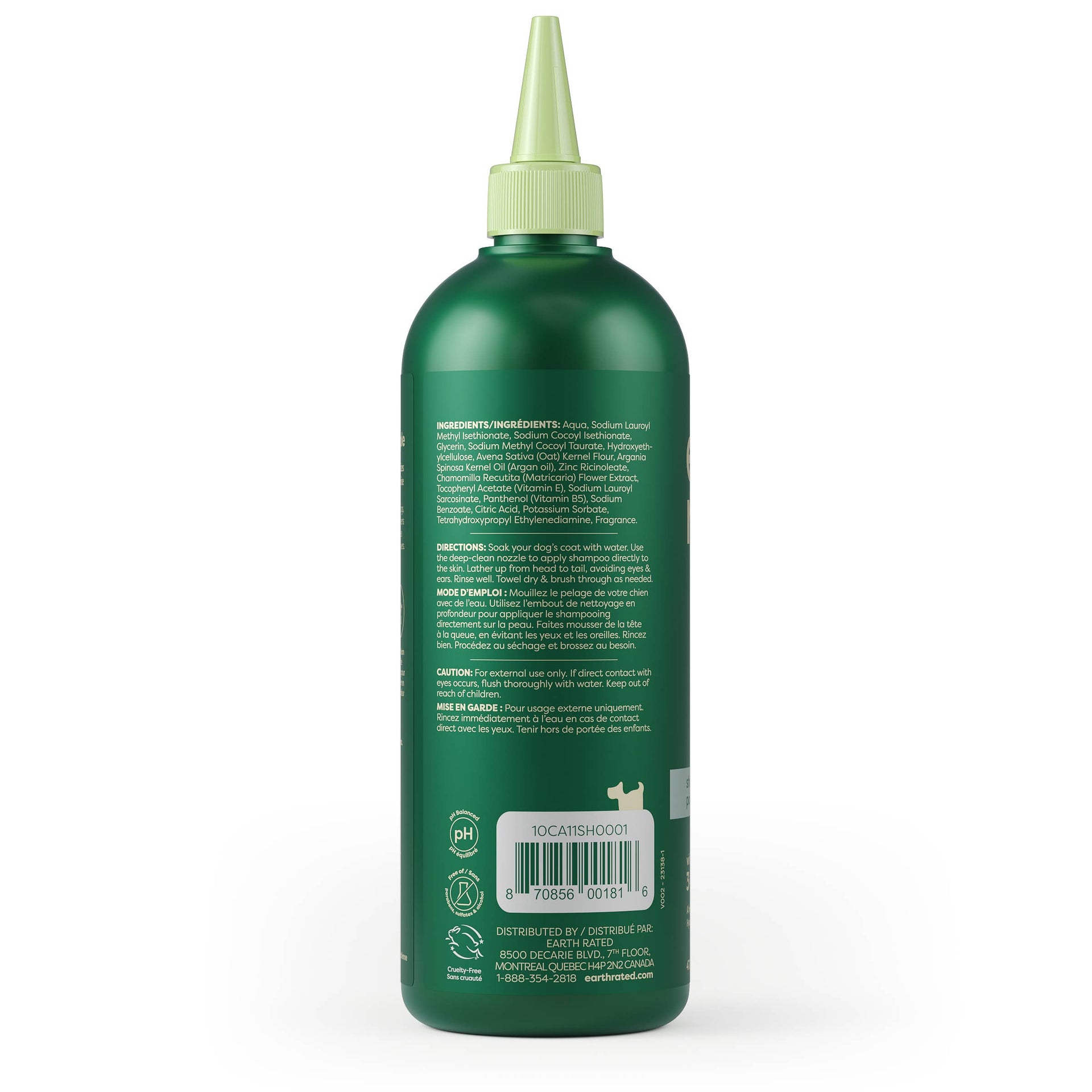 Earth Rated 3 in 1 Dog Shampoo bottle being used on a happy short-haired dog during bath time