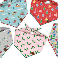 Close-up detail of The Cheery Pet Christmas Ornaments bandana showing vintage-inspired holiday ornament pattern on cotton fabric.
