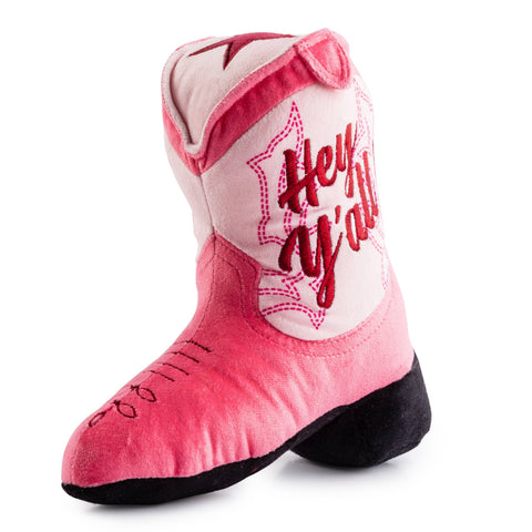 Haute Diggity Dog Pink Cowgirl Boot plush toy showing detailed stitching and Western boot design elements.