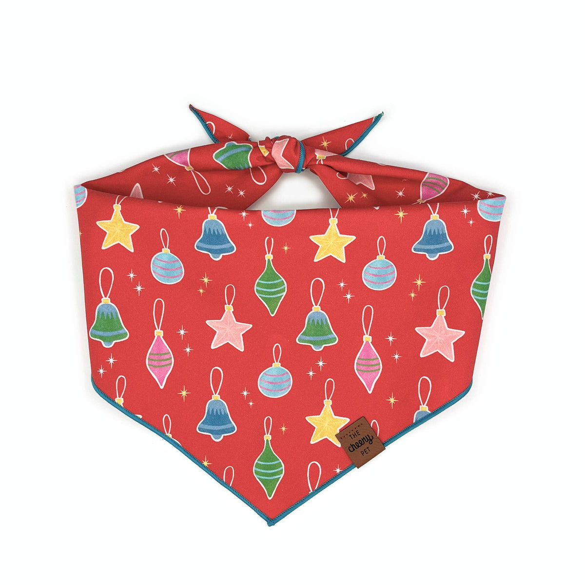 Christmas Ornaments Pet Bandana by The Cheery Pet featuring vintage-inspired holiday ornament print on cotton fabric.