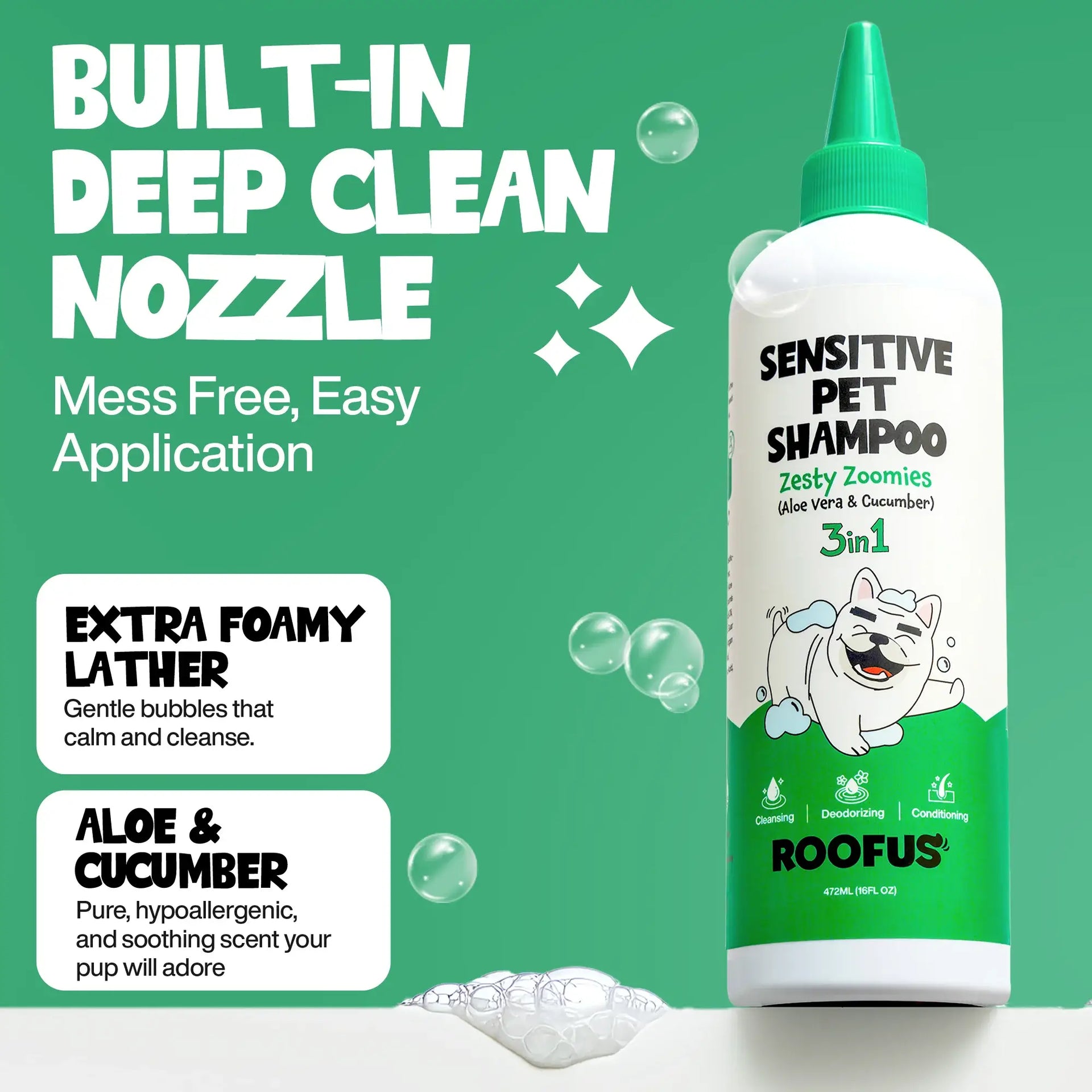 Roofus Zesty Zoomies Shampoo bottle showing ingredient list highlighting oatmeal and aloe vera for sensitive skin.