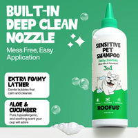 Roofus Zesty Zoomies Shampoo bottle showing ingredient list highlighting oatmeal and aloe vera for sensitive skin.