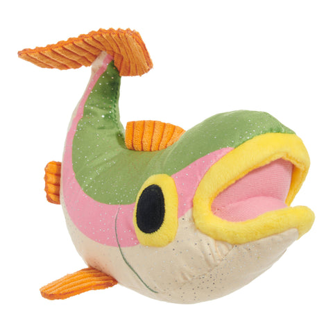 BARK Brooke Trout plush dog toy in realistic fish design with squeaker and crinkle features.