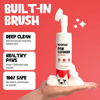 Roofus Foaming Paw Cleanser bottle showing built-in soft brush applicator for no-rinse dog paw cleaning.