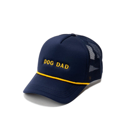 Navy blue cap with 'DOG DAD' text on a white background